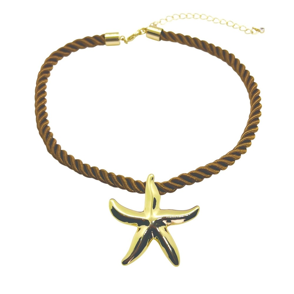 Gold Starfish Pendant Choker Women Brown Twisted Rope Nautical Coastal Beachy